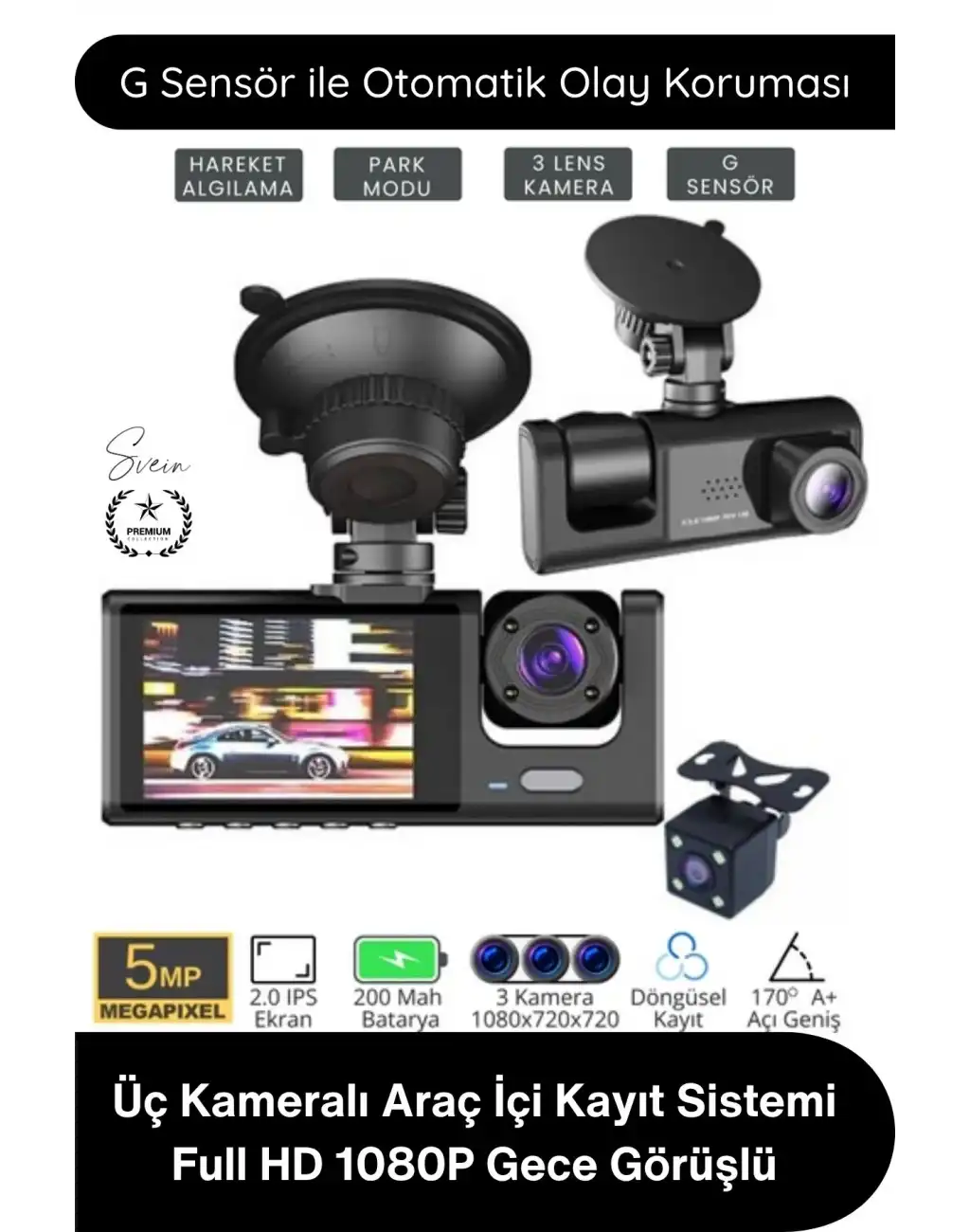 #Kamera Üç Kameralı Araç İçi Kayıt Sistemi Full HD 1080P Gece Görüşlü G Sensörlü Park Modlu Ön Arka İç Kamera IPS Ekran H.264 Döngüsel Kayıt Geri Görüş Destekli Oto Dash Cam Video Kaydedici