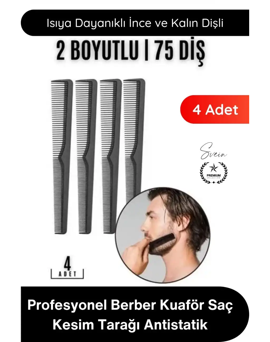 #Tarak Profesyonel Berber Kuaför Saç Kesim Tarağı Siyah Karbon Antistatik Isıya Dayanıklı İnce Kalın Dişli Sakal Bıyık Şekillendirme Boyama Fön Tarama Seti 4 Adet 17 cm Hafif Dayanıklı