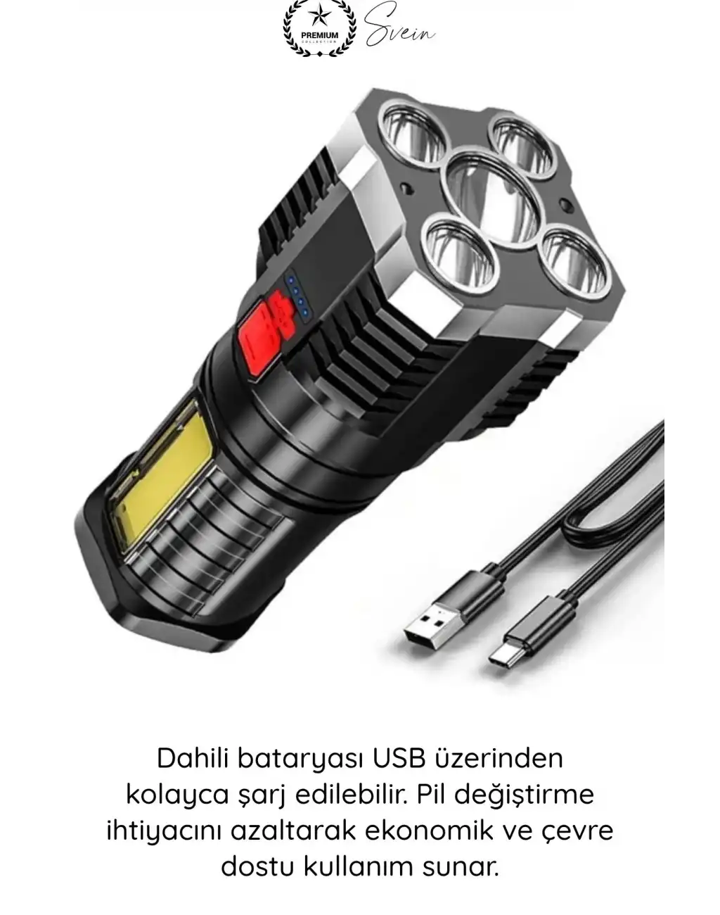 #ElFeneri El Feneri Ultra Parlak COB LED Multi USB Şarjlı 4 Modlu Şarj Göstergeli Kamp Piknik Işıldak Acil Durum SOS Yan Panel Güçlü Aydınlatma Taşınabilir Ergonomik Dayanıklı Projektör