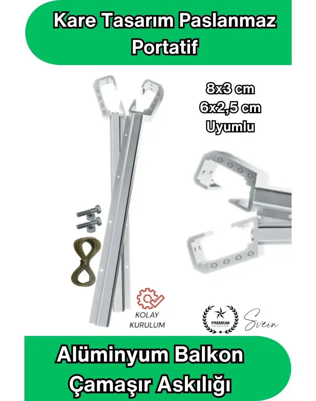 8x3 ve 6x2.5 cm Uyumlu Alüminyum Balkon Çamaşır Askılığı Takılabilir Küpeşte Kurutmalık Kare Boru Uyumlu Paslanmaz Metalik Hafif Dayanıklı 15 Kg Kapasiteli Pratik Montajlı İpli Ev Dış Mekan Askısı