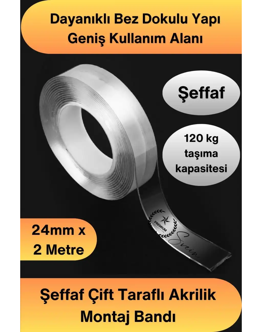 #ÇiftTaraflıBant 120 Kg Taşıma Kapasiteli Şeffaf Çift Taraflı Akrilik Montaj Bandı 24mm x 2 Metre Güçlü Yapışkan İz Bırakmayan Silikonize Sabitleme Bantı Cam Duvar Metal Plastik Ahşap Otomotiv Ayna