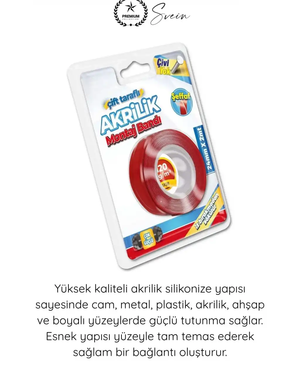 #ÇiftTaraflıBant 120 Kg Taşıma Kapasiteli Şeffaf Çift Taraflı Akrilik Montaj Bandı 24mm x 2 Metre Güçlü Yapışkan İz Bırakmayan Silikonize Sabitleme Bantı Cam Duvar Metal Plastik Ahşap Otomotiv Ayna