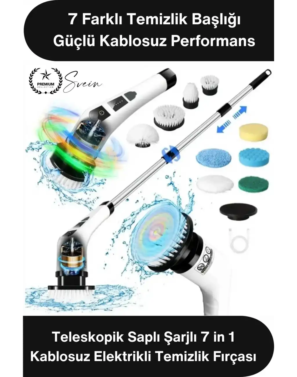 #Fırça Teleskopik Saplı Şarjlı Banyo Mutfak 7 in 1 Kablosuz Elektrikli Temizlik Fırçası Seti USB Şarjlı Döner Temizlik Fırçası Fayans Küvet Lavabo Araç Temizlik Cihazı