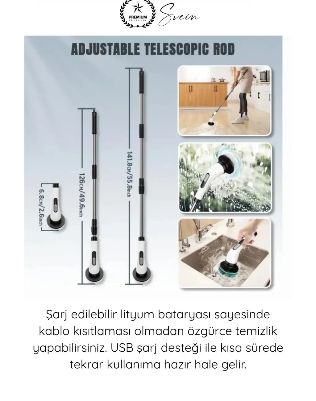 #Fırça Teleskopik Saplı Şarjlı Banyo Mutfak 7 in 1 Kablosuz Elektrikli Temizlik Fırçası Seti USB Şarjlı Döner Temizlik Fırçası Fayans Küvet Lavabo Araç Temizlik Cihazı