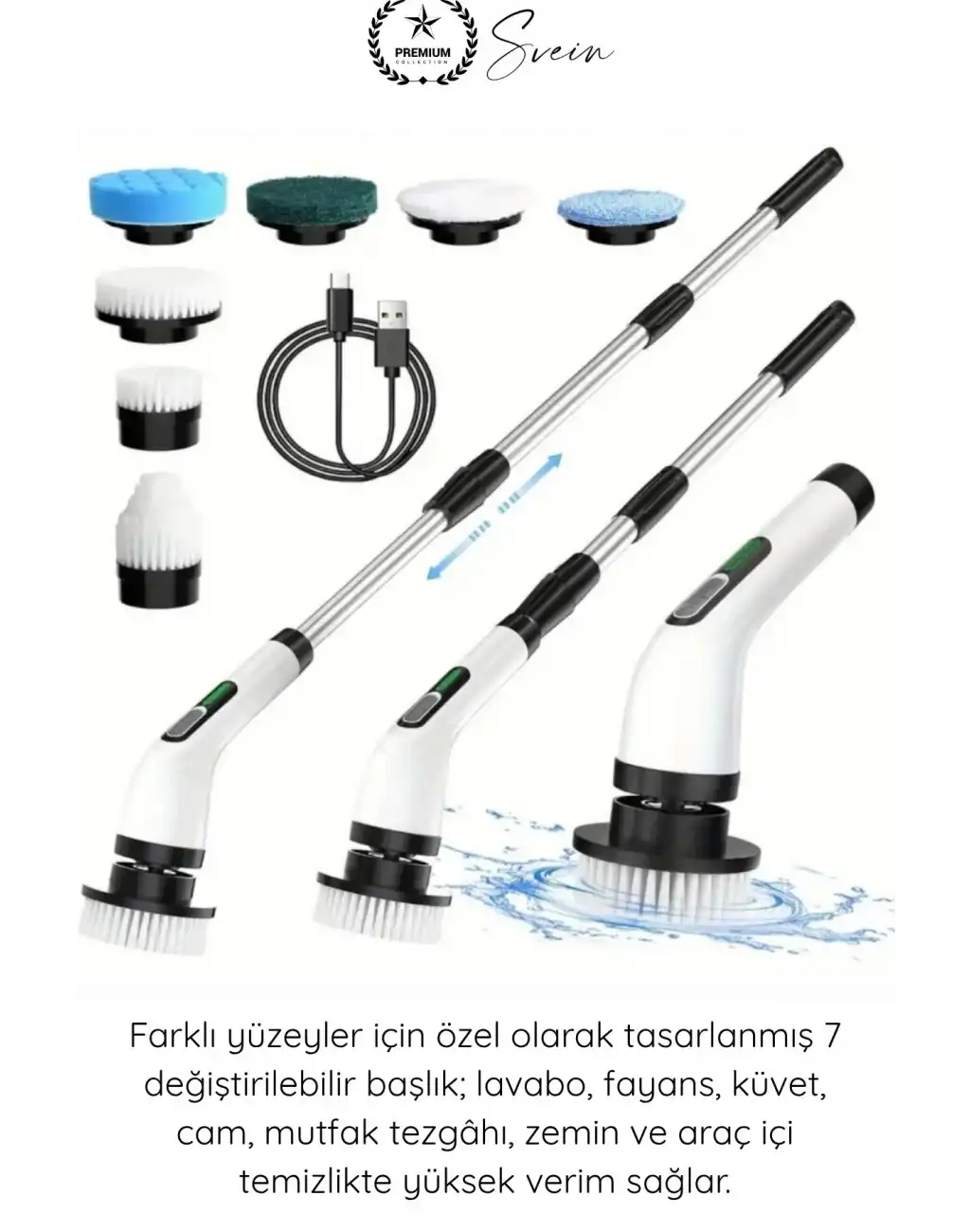 #Fırça Teleskopik Saplı Şarjlı Banyo Mutfak 7 in 1 Kablosuz Elektrikli Temizlik Fırçası Seti USB Şarjlı Döner Temizlik Fırçası Fayans Küvet Lavabo Araç Temizlik Cihazı
