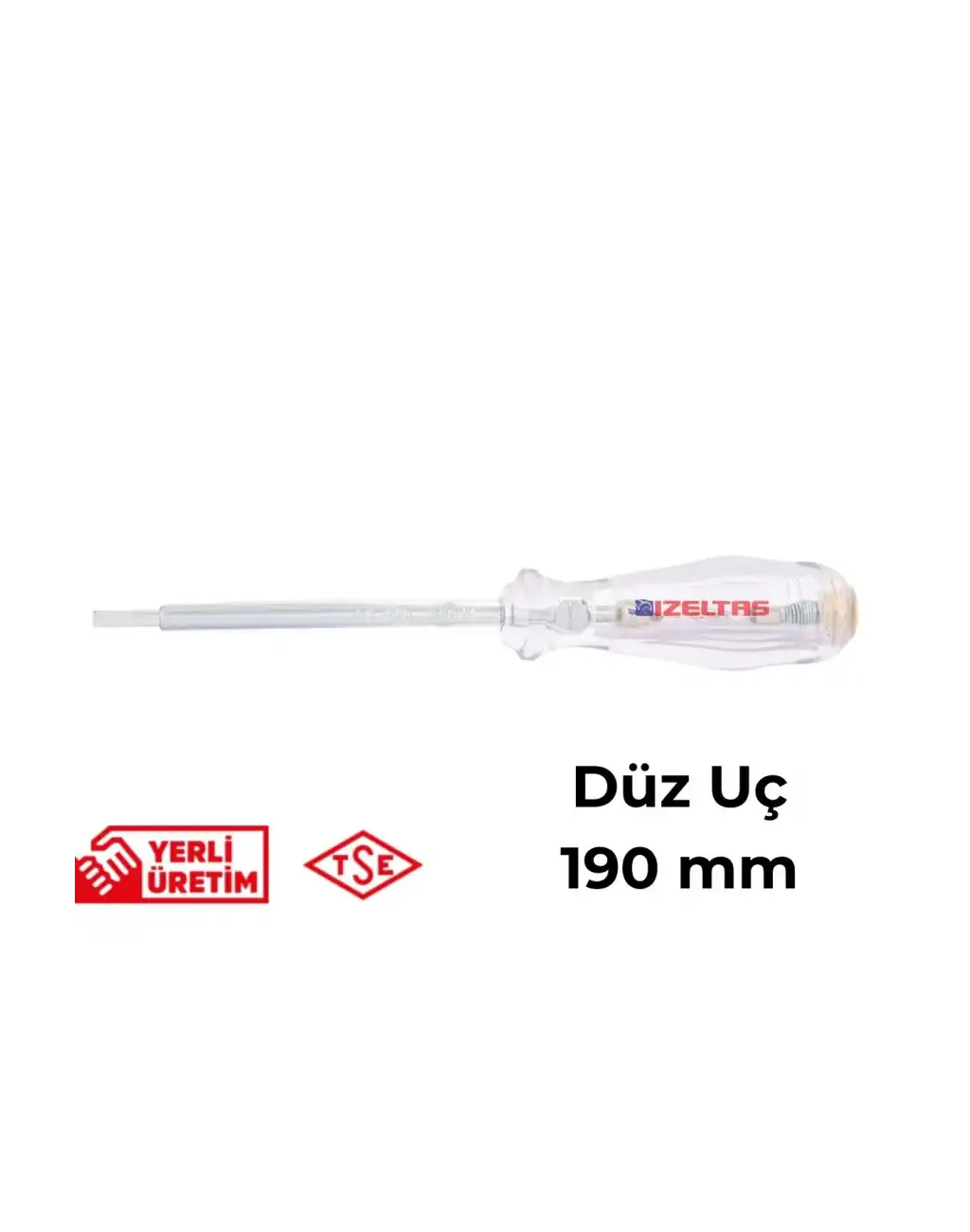 İzeltaş Elektrik Kontrol Kalemi Düz Uçlu 190 mm Elektrikçi Profesyonel Paslanmaz Çelik Güvenli Sağlam Uzun Ömürlü Priz Ölçüm Tornavidası