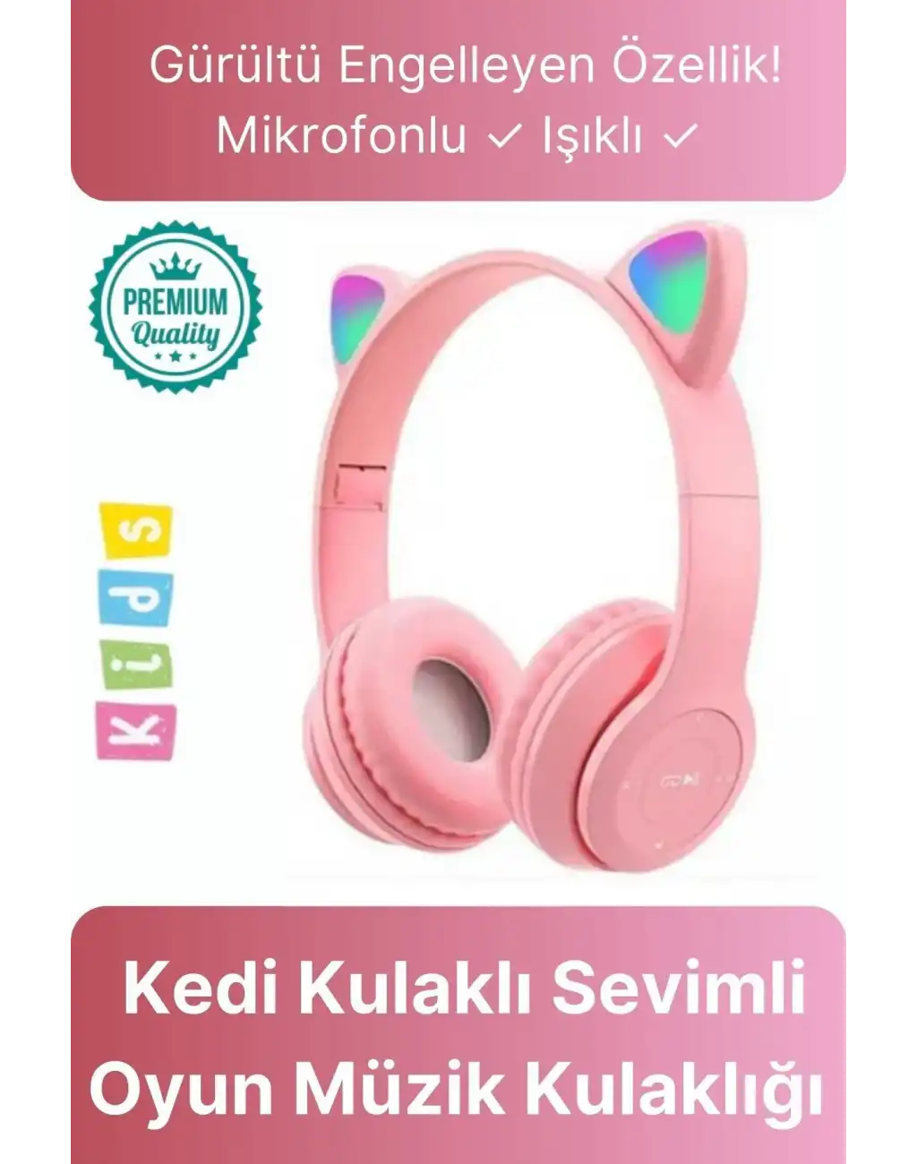 Kablosuz Gürültü Engelleyen Bluetooth Işıklı Mikrofonlu Kedi Kulaklı Sevimli Oyun Müzik Kulaklığı