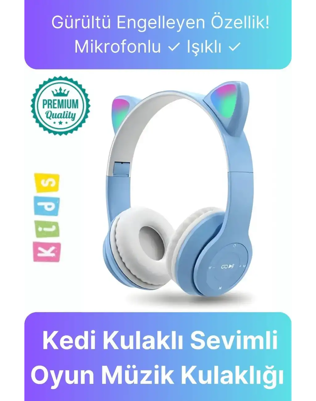 Kablosuz Gürültü Engelleyen Bluetooth Işıklı Mikrofonlu Kedi Kulaklı Sevimli Oyun Müzik Kulaklığı