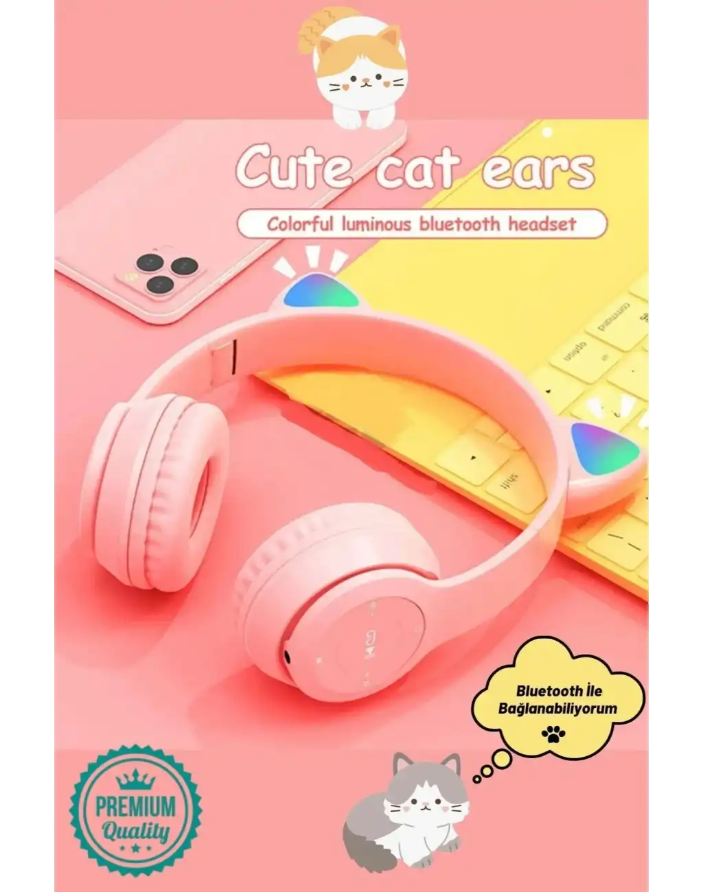 Kablosuz Gürültü Engelleyen Bluetooth Işıklı Mikrofonlu Kedi Kulaklı Sevimli Oyun Müzik Kulaklığı