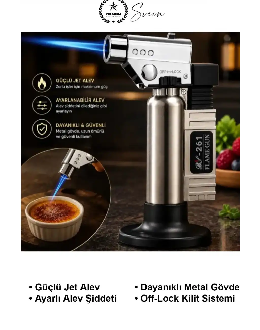 Lüks Metal Pürmüz Ayaklı Kendinden Tüplü Ayarlanabilir Jet Alevli Mutfak Kamp Hobi Çakmağı Tatlı Karamelize Etme Et Mühürleme Krem Brule Lehimleme Torch Şaloma Masa Üstü Gazlı Tabanca