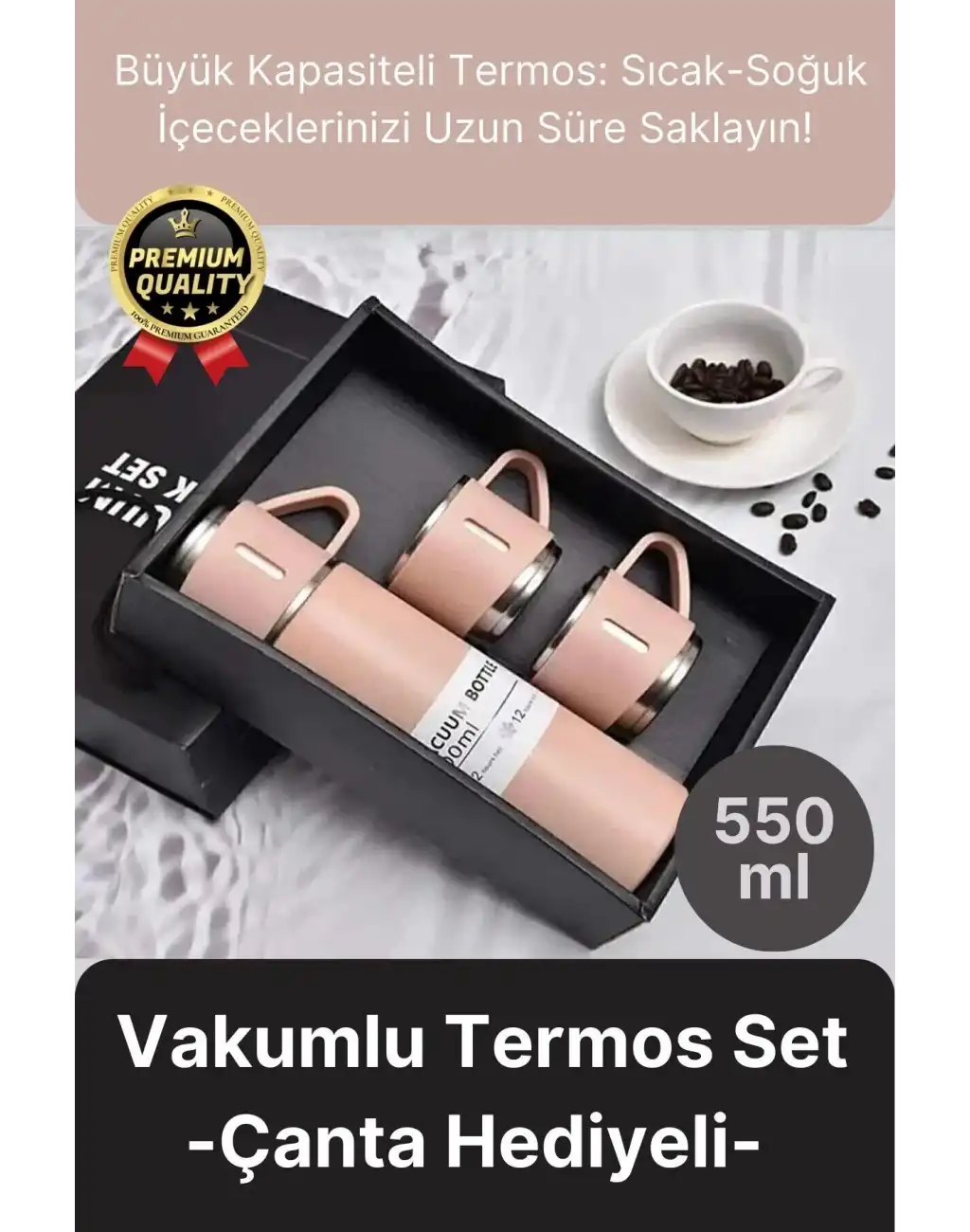 Kaliteli Paslanmaz Çelik Çift Katmanlı Sıcak Soğuk 3 Bardaklı Vakumlu Termos Çanta Hediyeli 550 Ml