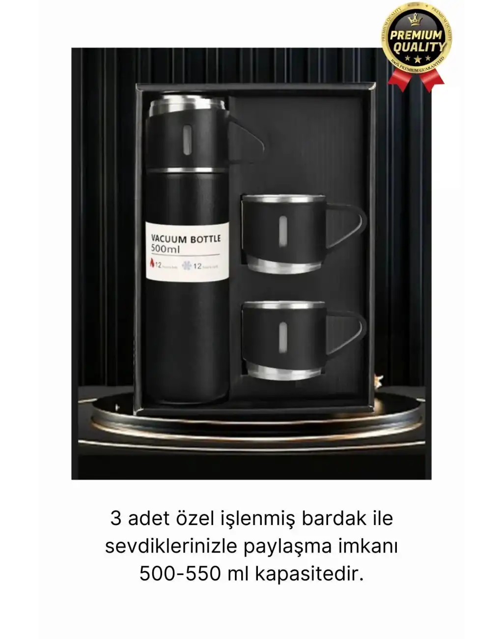 Kaliteli Paslanmaz Çelik Çift Katmanlı Sıcak Soğuk 3 Bardaklı Vakumlu Termos Çanta Hediyeli 550 Ml