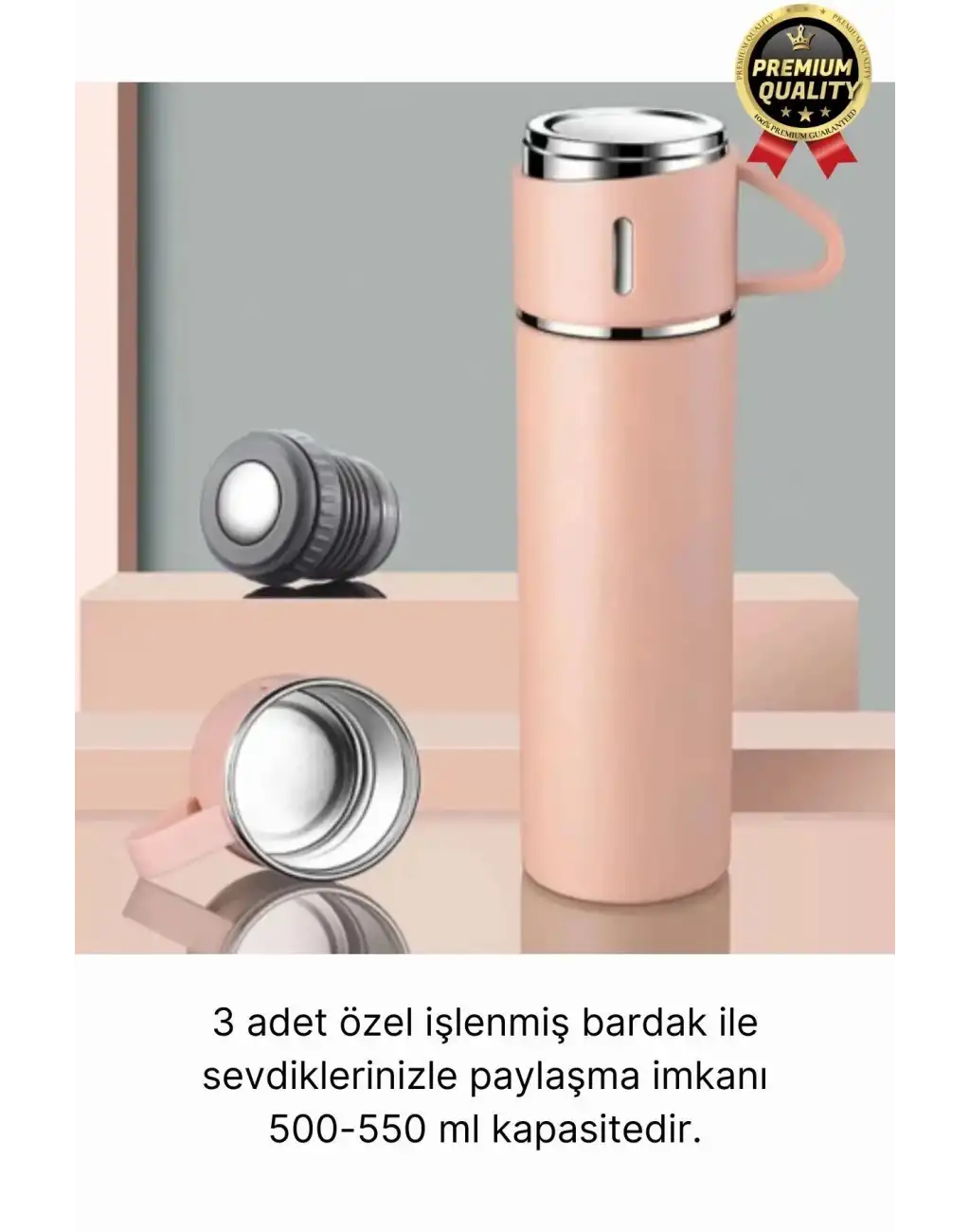 Kaliteli Paslanmaz Çelik Çift Katmanlı Sıcak Soğuk 3 Bardaklı Vakumlu Termos Çanta Hediyeli 550 Ml