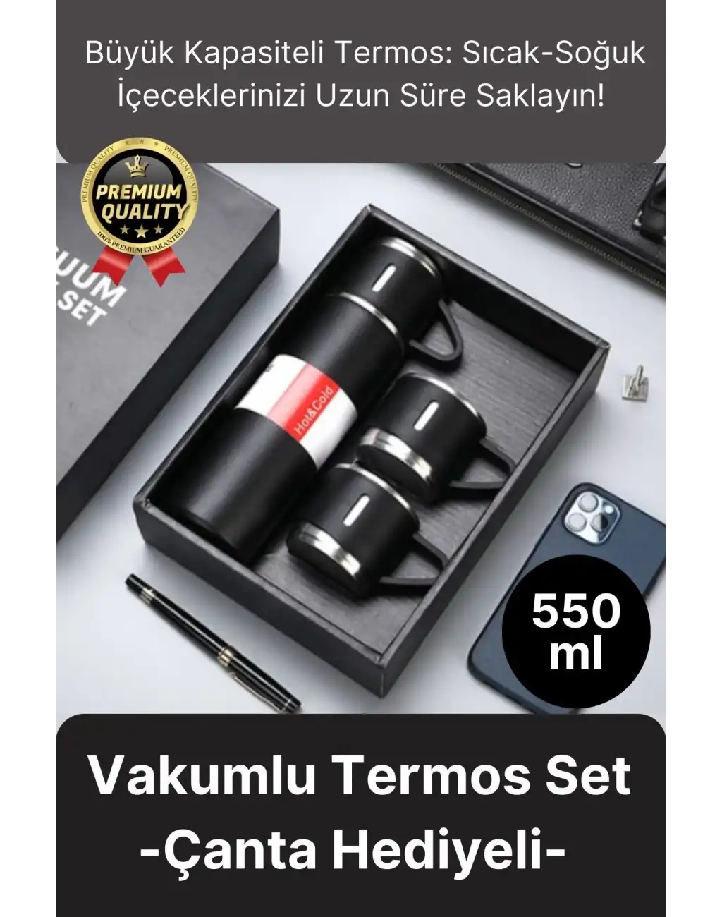 Kaliteli Paslanmaz Çelik Çift Katmanlı Sıcak Soğuk 3 Bardaklı Vakumlu Termos Çanta Hediyeli 550 Ml