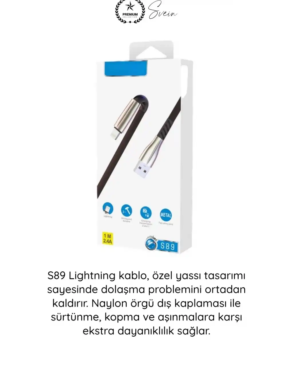 #Lightning S89 Lightning Kablo 1M 2.4A iPhone Uyumlu Metal Uçlu Naylon Örgü Yassı Tasarım Hızlı Şarj Veri Aktarım Dayanıklı Apple Telefon Tablet Powerbank Siyah Premium Şarj Kablosu