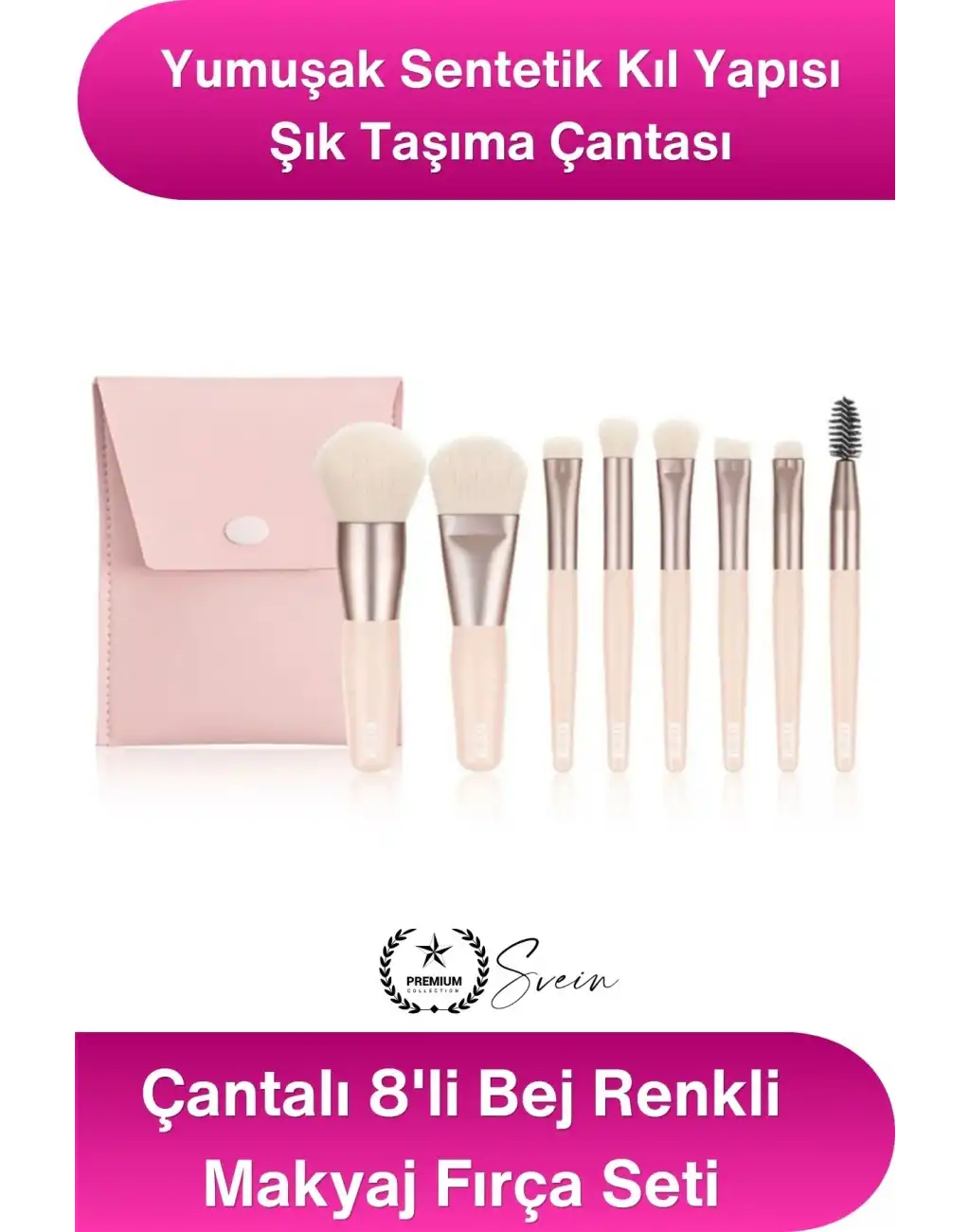 #MakyajFırça Çantalı 8li Bej Renkli Makyaj Fırça Seti Profesyonel Yumuşak Sentetik Kıllı Pudra Fondöten Allık Far Kontür Karıştırma Fırçaları Seyahat Kozmetik Fırça Takımı