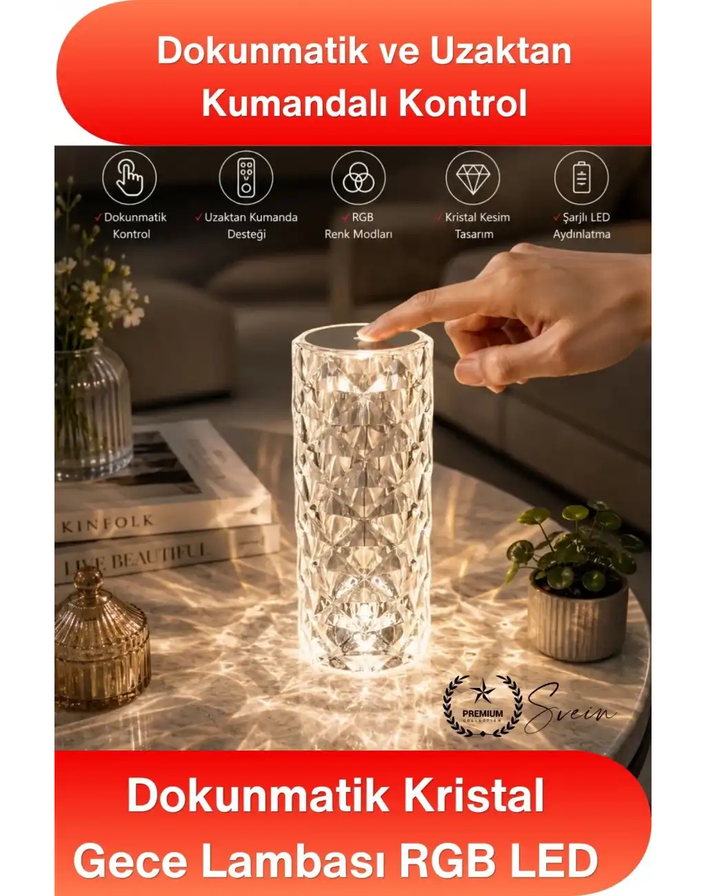 #MasaLamba Dokunmatik Kristal Gece Lambası RGB LED Masa Lambası Uzaktan Kumandalı Şarjlı Dekoratif Abajur Renk Değiştiren Dokunmatik Gece Işığı Hediyelik Aydınlatma