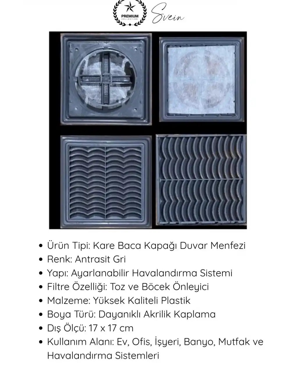 #Menfez Kare Baca Kapağı Ayarlı Duvar Menfezi Antrasit Gri Filtreli Havalandırma Kapağı Plastik Ventilasyon Paneli Toz Böcek Önleyici Dekoratif Hava Çıkış Izgarası Dayanıklı Kullanım 17x17 cm