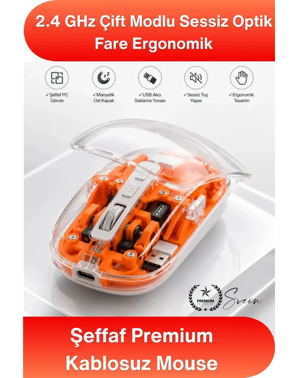 #Mouse Şeffaf Premium Kablosuz Mouse Bluetooth 5.0 2.4GHz Çift Modlu Sessiz Optik Fare USB Alıcılı Şarjlı Ergonomik Dizüstü Bilgisayar Tablet PC Uyumlu Rahat Uzun Ömürlü Dayanıklı