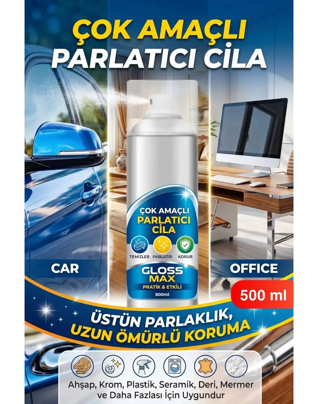 #Parlatıcı Paslanmaz Çelik Yüzey Temizleyici Parlatıcı Sprey 500 ml Ankastre Fırın Davlumbaz Buzdolabı Metal Krom Alüminyum Temizlik Cilası Parmak İzi Yağ Su Lekesi Giderici Koruyucu Bakım Spreyi