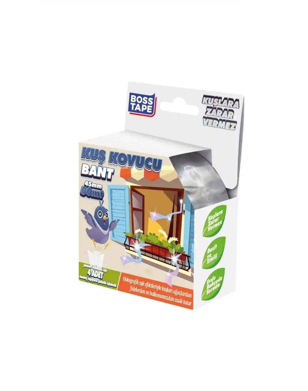 Boss Tape Kuş Kondurmaz Rahatsız Eden Şerit Bant 45 mm x 50 mt Yansıtıcı Kuşsavar Çatı Hologram Bandı