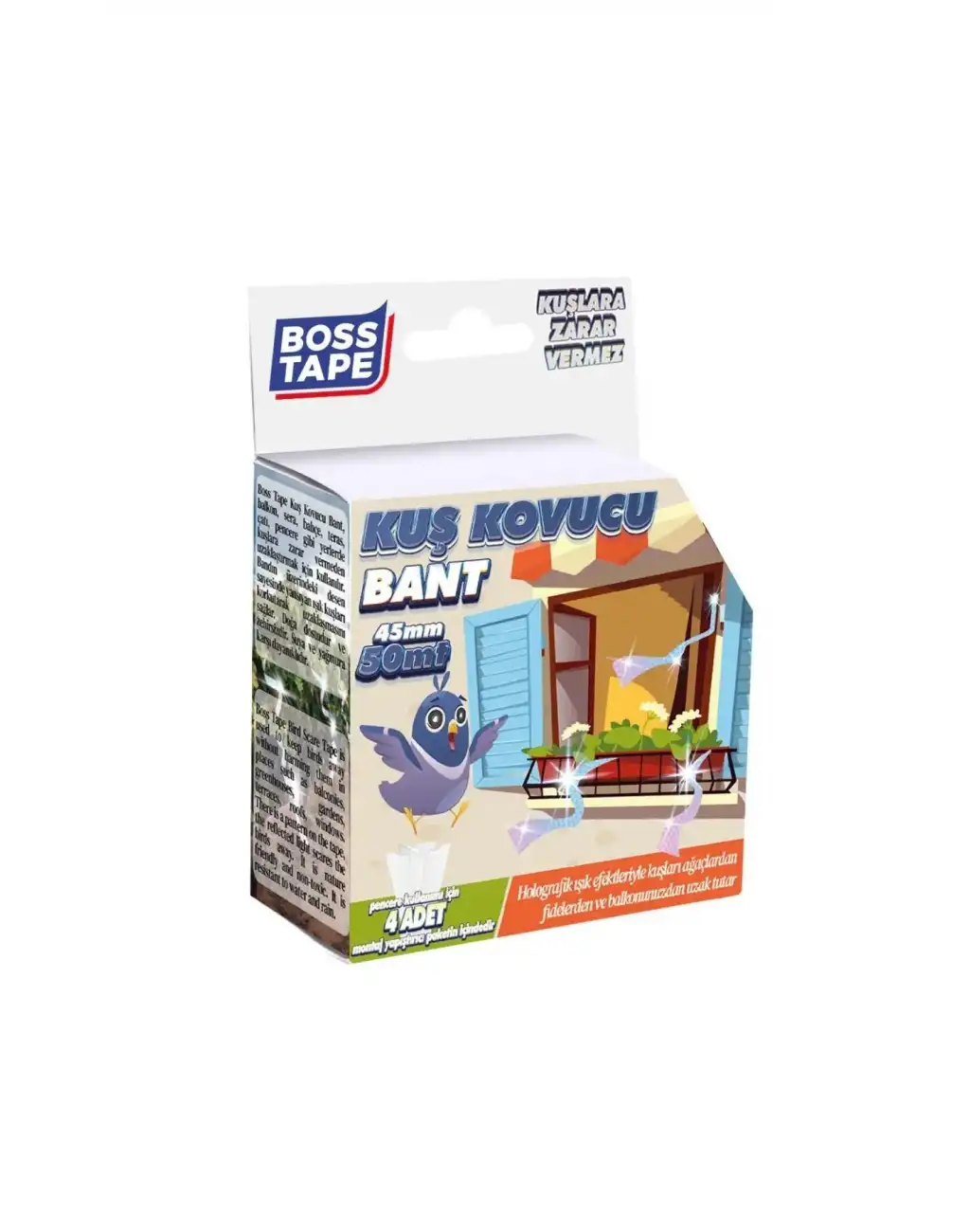 Boss Tape Kuş Kondurmaz Rahatsız Eden Şerit Bant 45 mm x 50 mt Yansıtıcı Kuşsavar Çatı Hologram Bandı