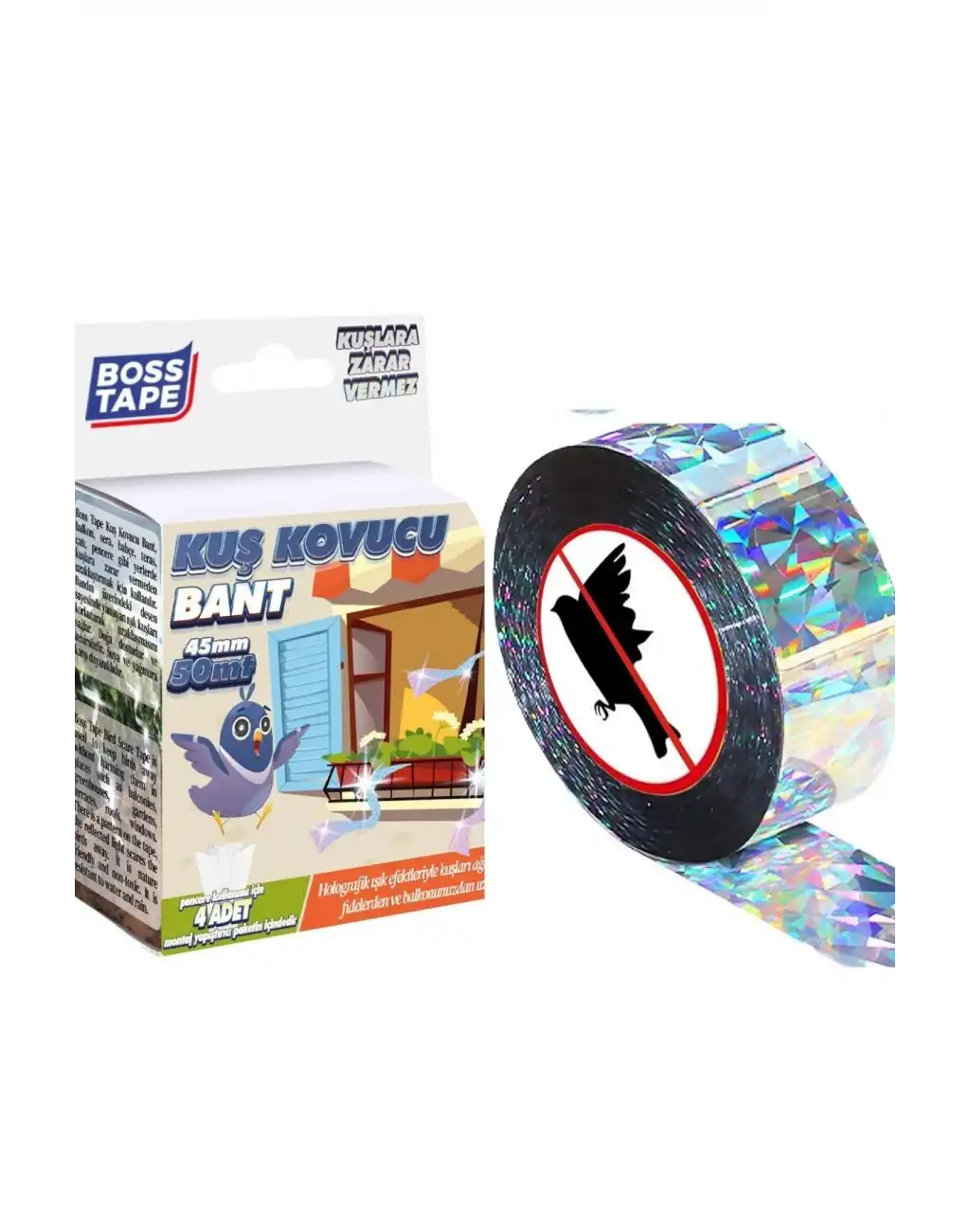 Boss Tape Kuş Kondurmaz Rahatsız Eden Şerit Bant 45 mm x 50 mt Yansıtıcı Kuşsavar Çatı Hologram Bandı