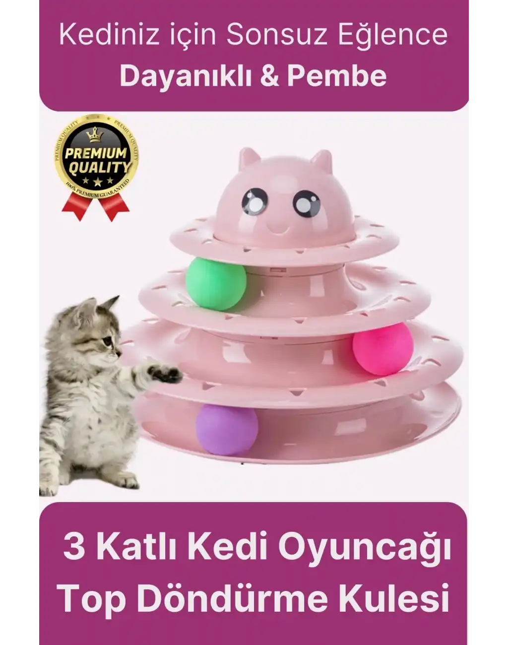 Premium Eğlenceli Renkli Dayanıklı Yuvarlak Kauçuk Pedli 3 Katlı Kedi Oyuncağı Top Döndürme Kulesi