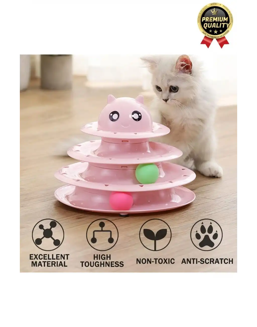 Premium Eğlenceli Renkli Dayanıklı Yuvarlak Kauçuk Pedli 3 Katlı Kedi Oyuncağı Top Döndürme Kulesi