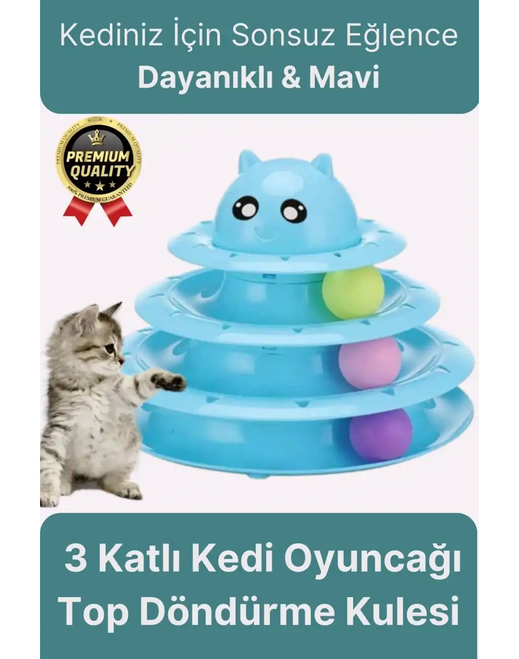 Premium Eğlenceli Renkli Dayanıklı Yuvarlak Kauçuk Pedli 3 Katlı Kedi Oyuncağı Top Döndürme Kulesi