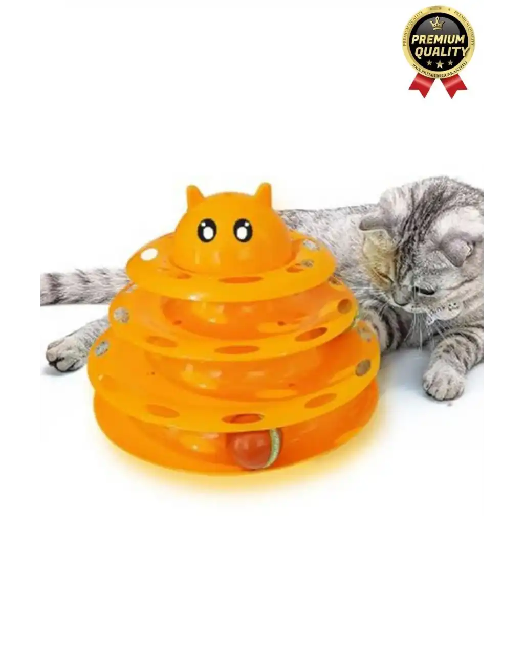 Premium Eğlenceli Renkli Dayanıklı Yuvarlak Kauçuk Pedli 3 Katlı Kedi Oyuncağı Top Döndürme Kulesi