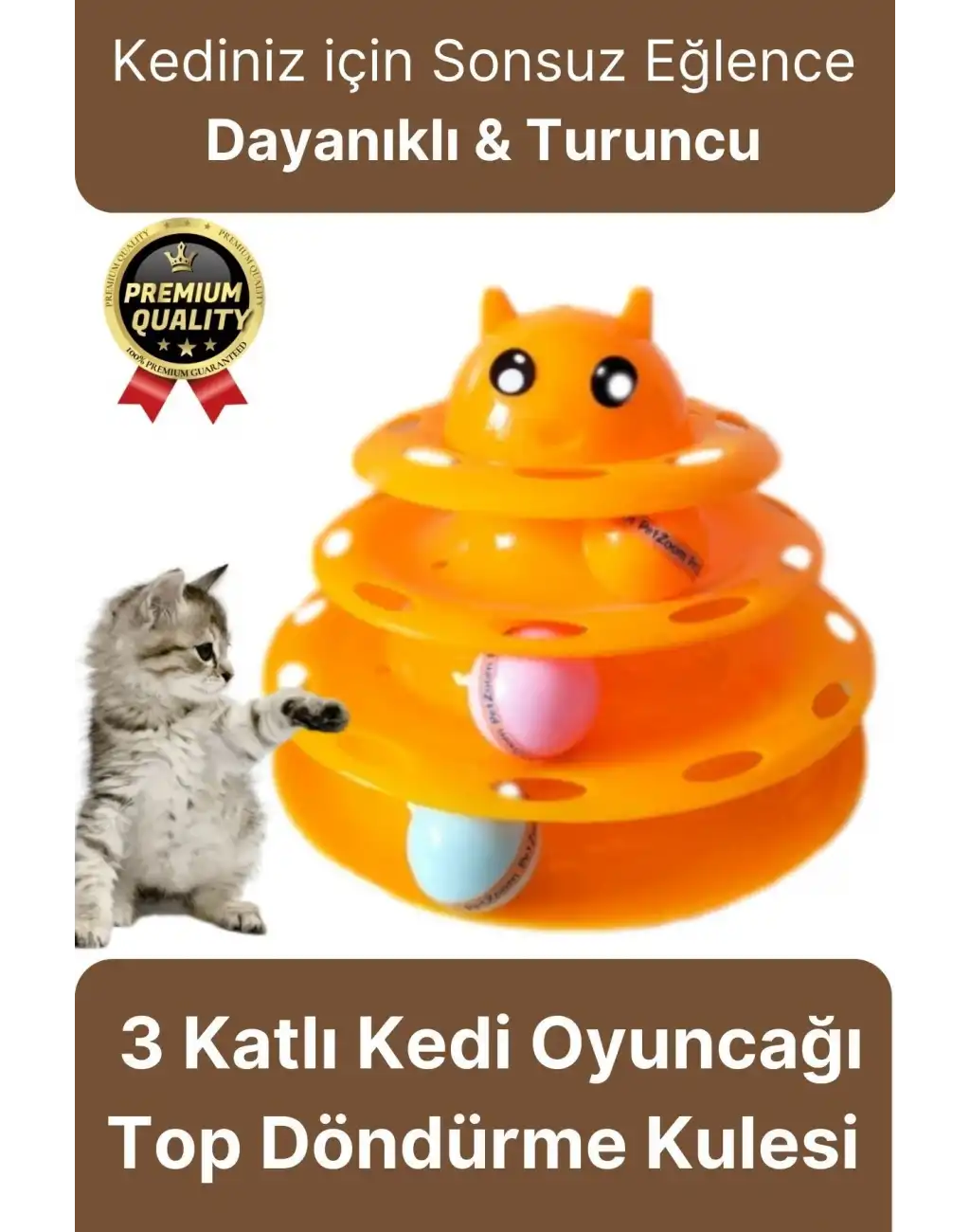 Premium Eğlenceli Renkli Dayanıklı Yuvarlak Kauçuk Pedli 3 Katlı Kedi Oyuncağı Top Döndürme Kulesi