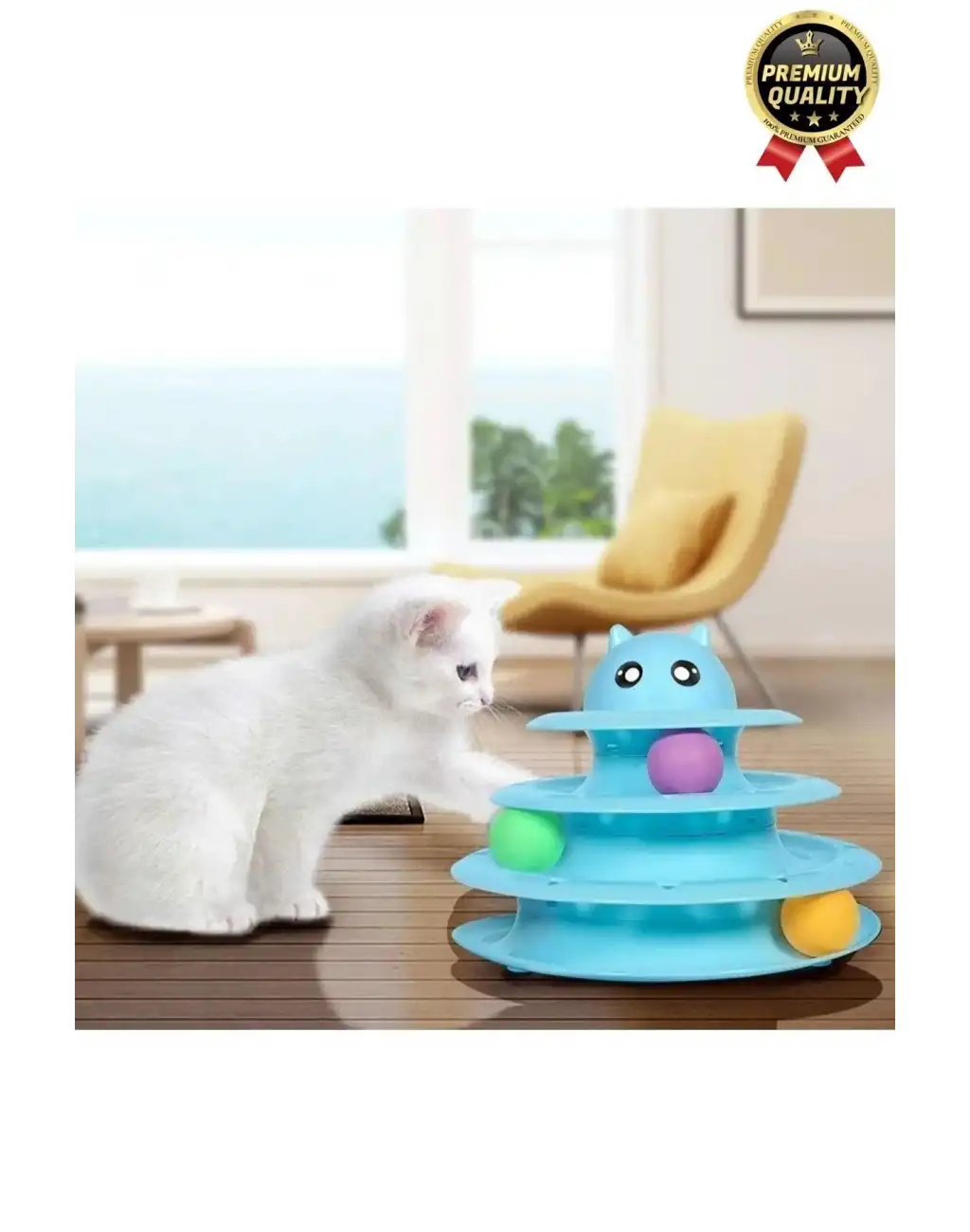 Premium Eğlenceli Renkli Dayanıklı Yuvarlak Kauçuk Pedli 3 Katlı Kedi Oyuncağı Top Döndürme Kulesi