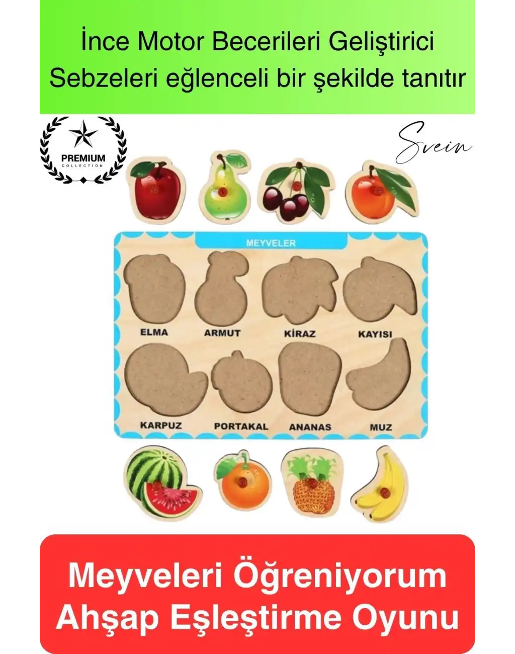 Premium Meyveler Ahşap Bul Tak Puzzle Eğitici Oyuncak Tutmalı Elma Armut Motor Becerisi Gelişim