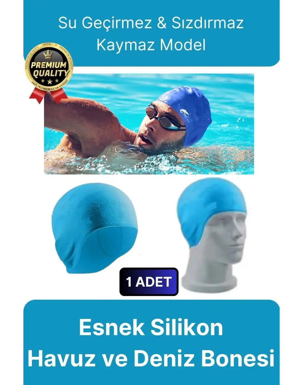 Premium Su Geçirmez Sızdırmaz Kaymaz Elastik Yüzme Şapkası Kaliteli Silikon Deniz Havuz Yüzme Bonesi