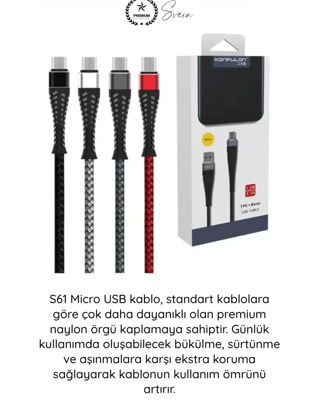 #ŞarjKablo Süper Hızlı Destekleyici S61 Micro USB Kablo 1.2M 2.1A Hızlı Şarj Veri Aktarım Naylon Örgülü Metal Uçlu Dayanıklı Android Telefon Tablet Powerbank Uyumlu Premium Şarj Kablosu Siyah