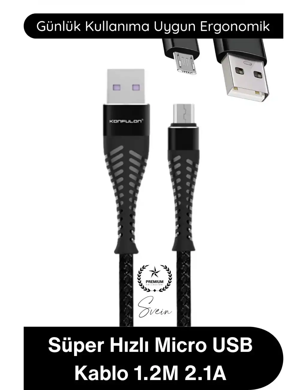 #ŞarjKablo Süper Hızlı Destekleyici S61 Micro USB Kablo 1.2M 2.1A Hızlı Şarj Veri Aktarım Naylon Örgülü Metal Uçlu Dayanıklı Android Telefon Tablet Powerbank Uyumlu Premium Şarj Kablosu Siyah