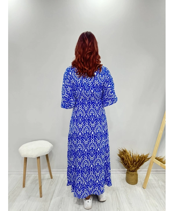 MAVİ BEYAZ KISA KOLLU UZUN ELBİSE