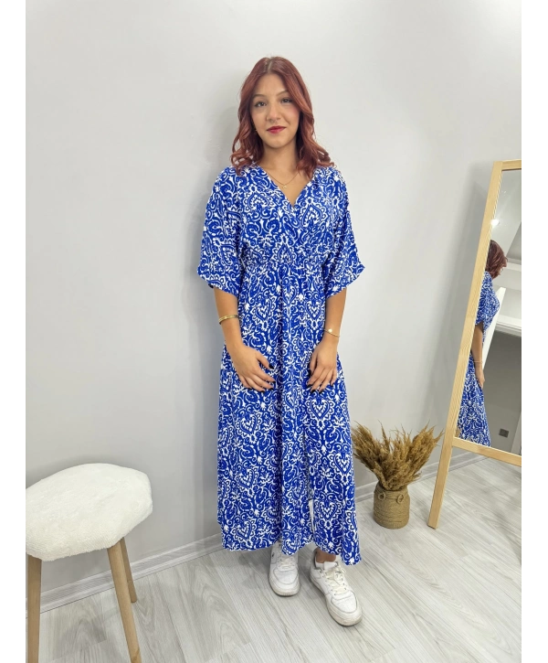 MAVİ BEYAZ KISA KOLLU UZUN ELBİSE