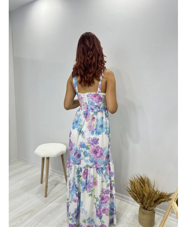 ÇİÇEKLİ ASKILI UZUN ELBİSE