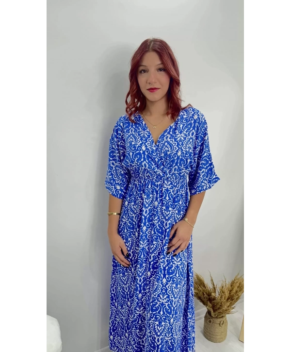 MAVİ BEYAZ KISA KOLLU UZUN ELBİSE