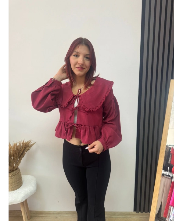 BEBE YAKA FIRFIRLI BAĞLAMALI BLUZ BORDO