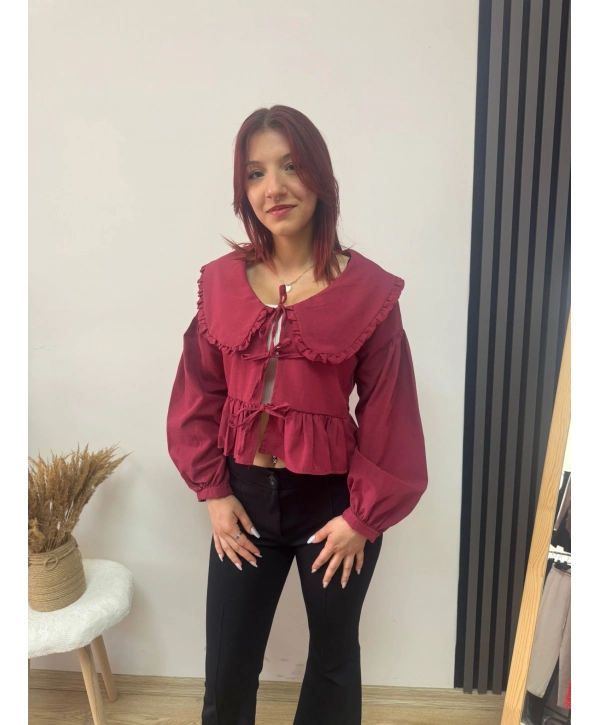 BEBE YAKA FIRFIRLI BAĞLAMALI BLUZ BORDO