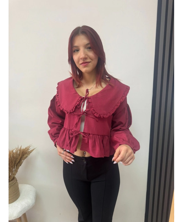 BEBE YAKA FIRFIRLI BAĞLAMALI BLUZ BORDO