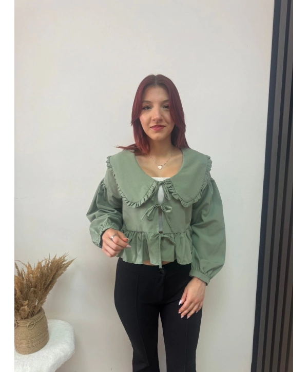 BEBE YAKA FIRFIRLI BAĞLAMALI BLUZ YEŞİL