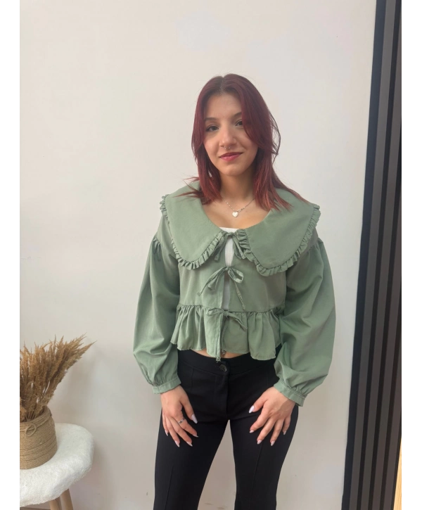 BEBE YAKA FIRFIRLI BAĞLAMALI BLUZ YEŞİL