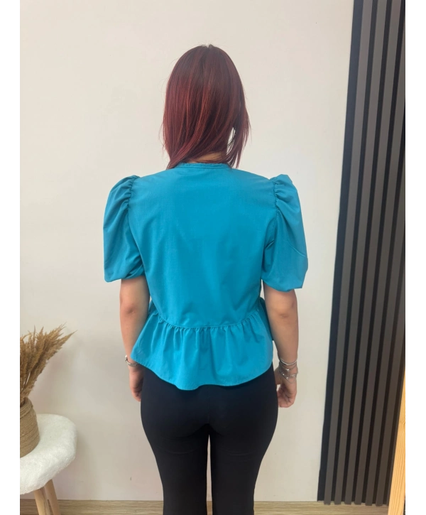 MAVİ FIRFIRLI BAĞLAMALI BLUZ