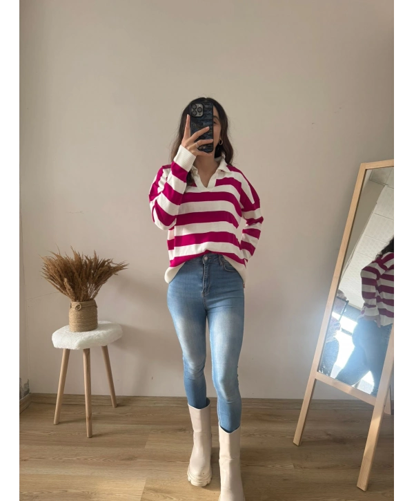 POLO YAKA FUŞYA - BEYAZ KAZAK