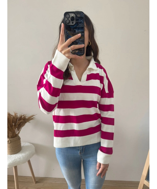 POLO YAKA FUŞYA - BEYAZ KAZAK