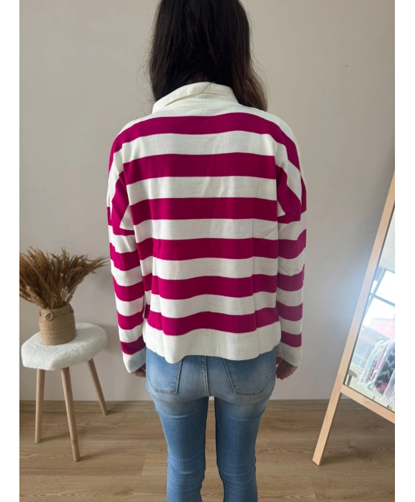 POLO YAKA FUŞYA - BEYAZ KAZAK